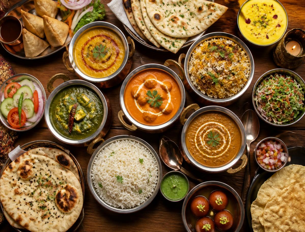 Weekday Indian buffet spread with curries, rice, breads and starters at Hello India